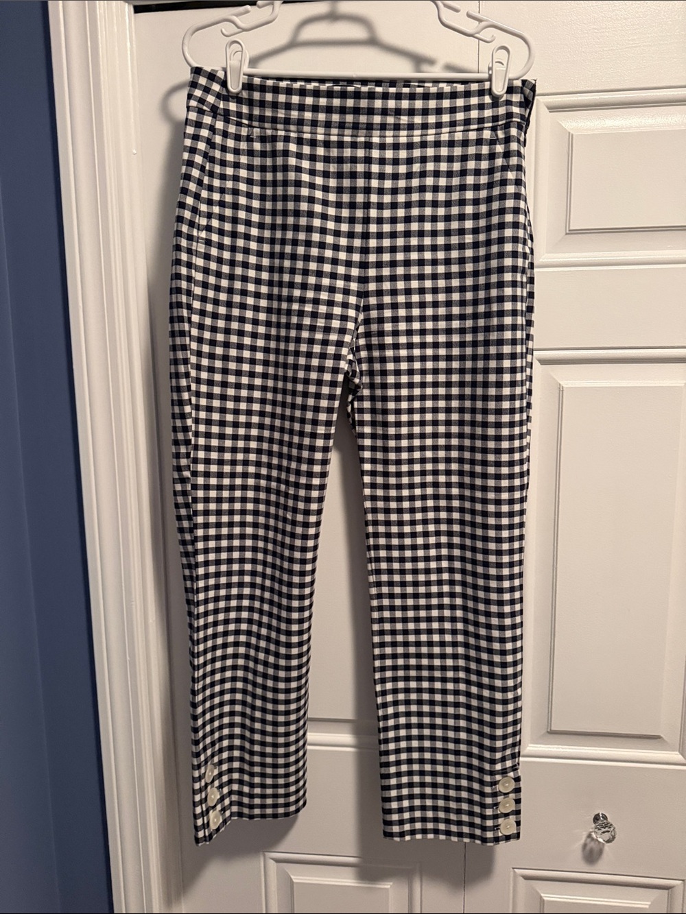 Navy & White Gingham Straight-Leg Pants with ankle buttons